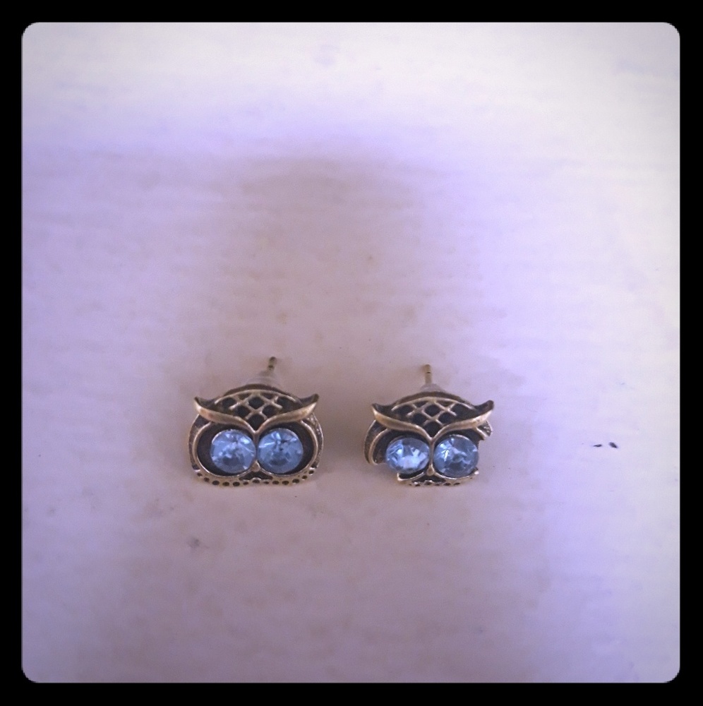 Owl earrings gold/black accents blue rhinestones